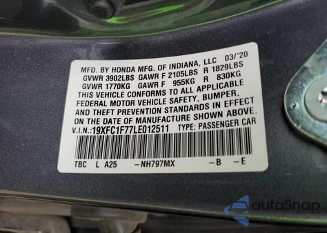 2020 Honda Civic Exl z USA, uszkodzony, nr VIN 19XFC1F77LE012511